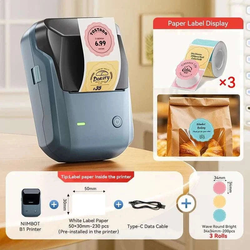 Bluetooth Thermal Label Printer B1 Wireless Barcode & Sticker Maker-D BL-34mm-3Roll / China Mainland