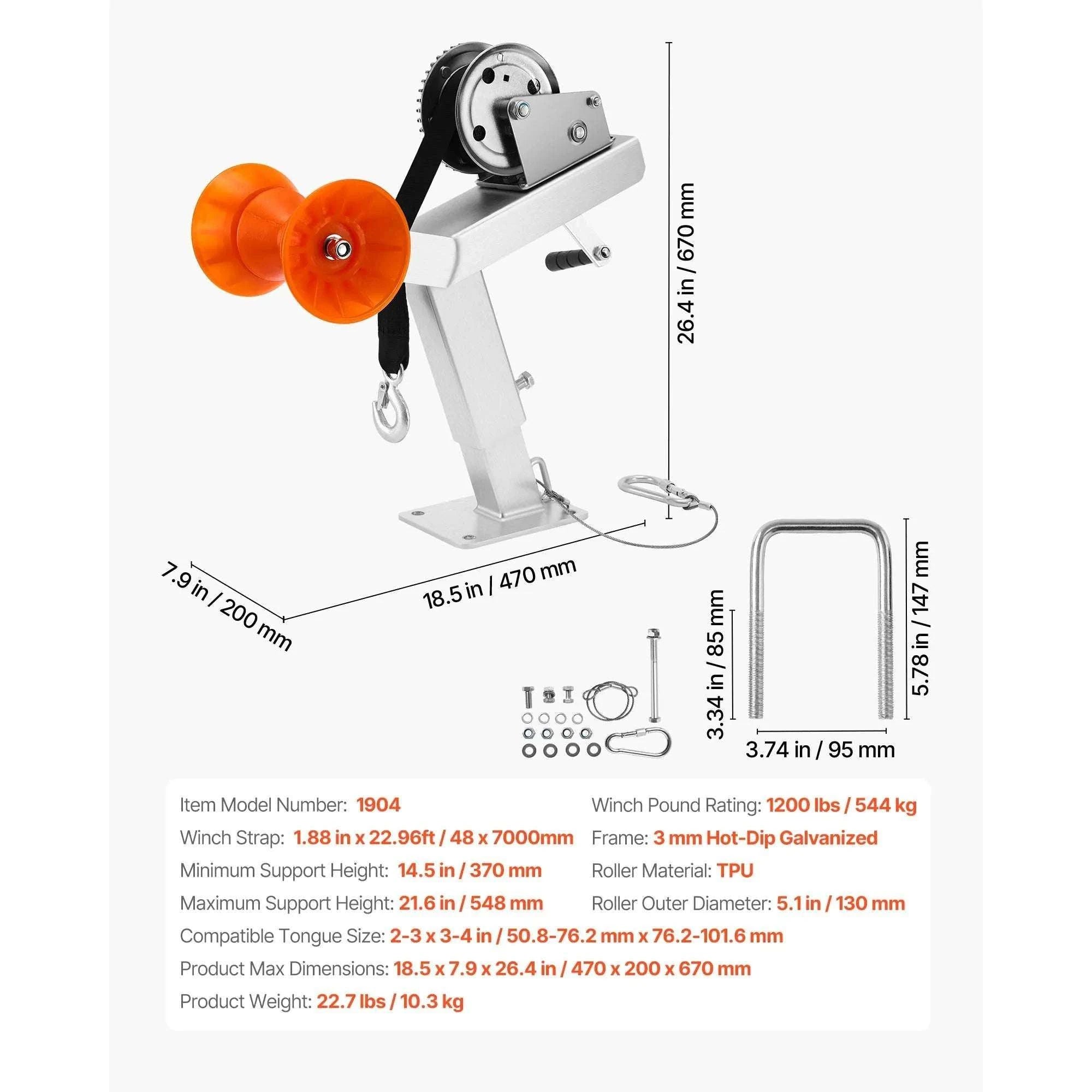 Boat Trailer Winch Stand 1200 lb with Roller & 25 ft Strap-With Winch / United States