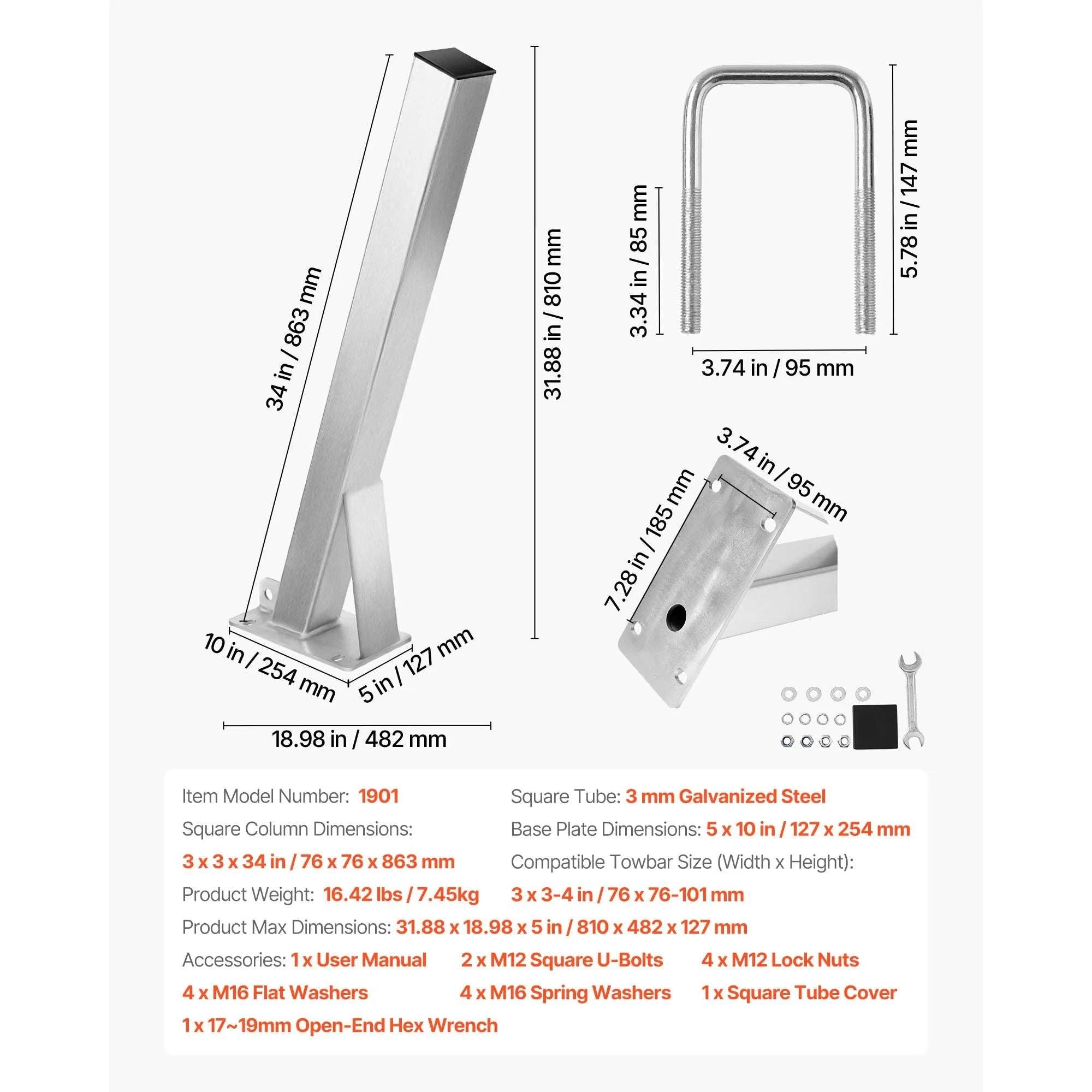 Boat Trailer Winch Stand 3x3x34in Galvanized Mount with U-Bolts-Sliver / france