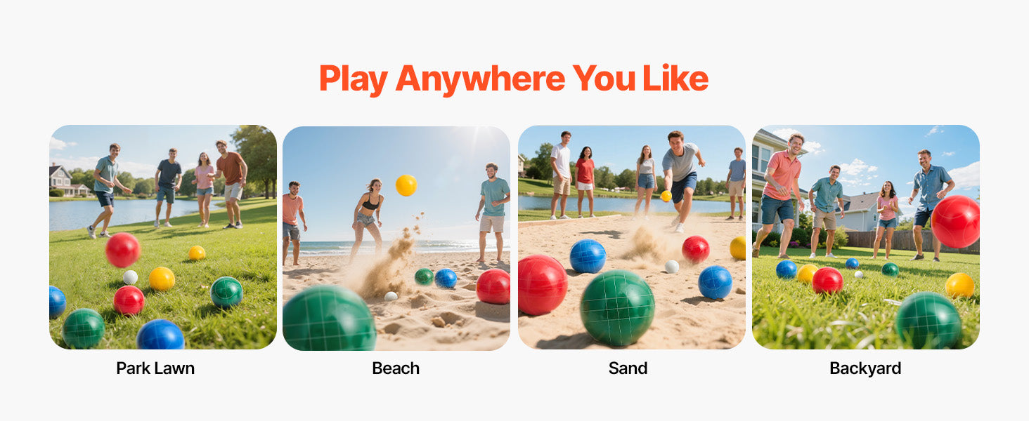 SucceBuy Bocce Ball Set 8 Resin Balls with Pallino Carry Bag and Measuring Rope Multi Color for Beach Lawn and Backyard Games