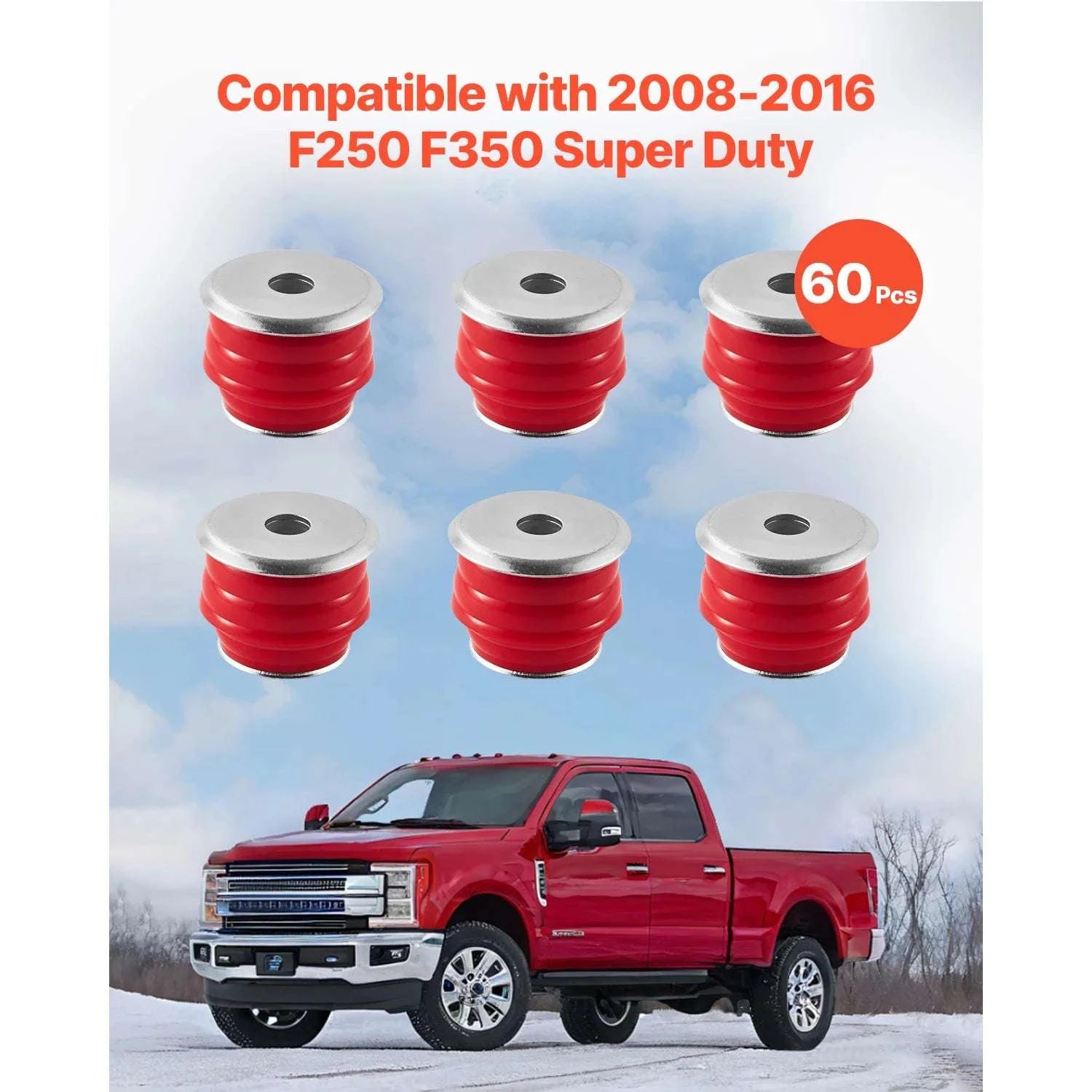 Body Mount Bushing Kit 60/62 PCS for 1980–1998 Ford F150 F250 F350-F250 F350 Red 60pcs / United States