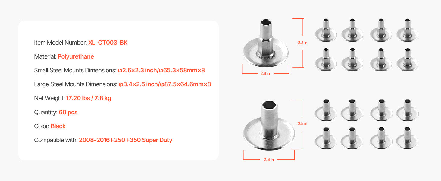 Body Mount Bushing Kit 60/62 PCS for 1980–1998 Ford F150 F250 F350