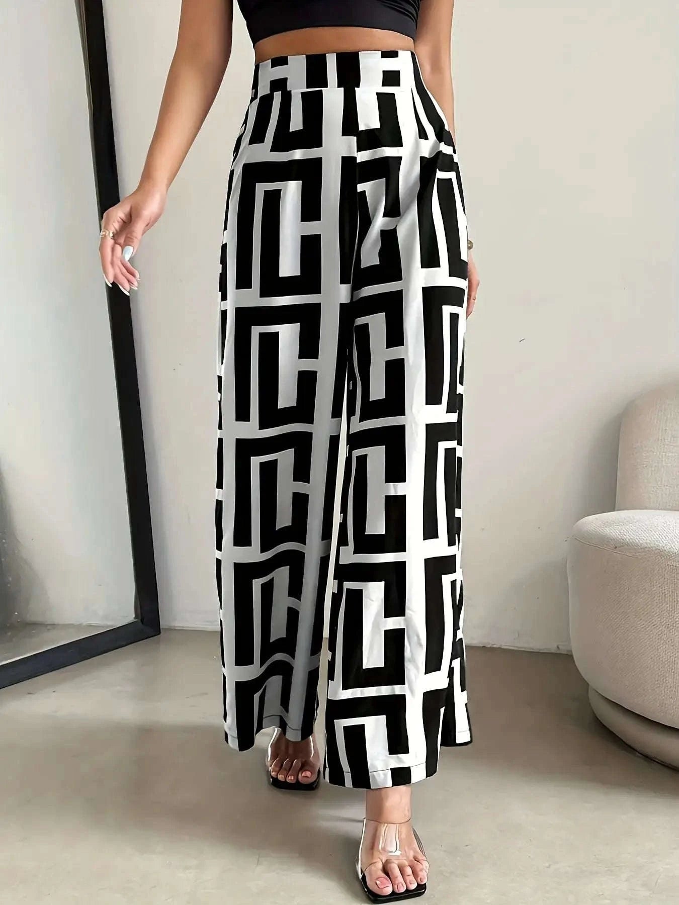 Bohemian Wide Leg Pants with Elastic Waist and Checkered Print-Black / XS
