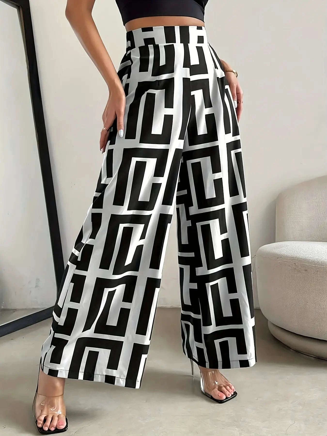 Bohemian Wide Leg Pants with Elastic Waist and Checkered Print-Black / XS