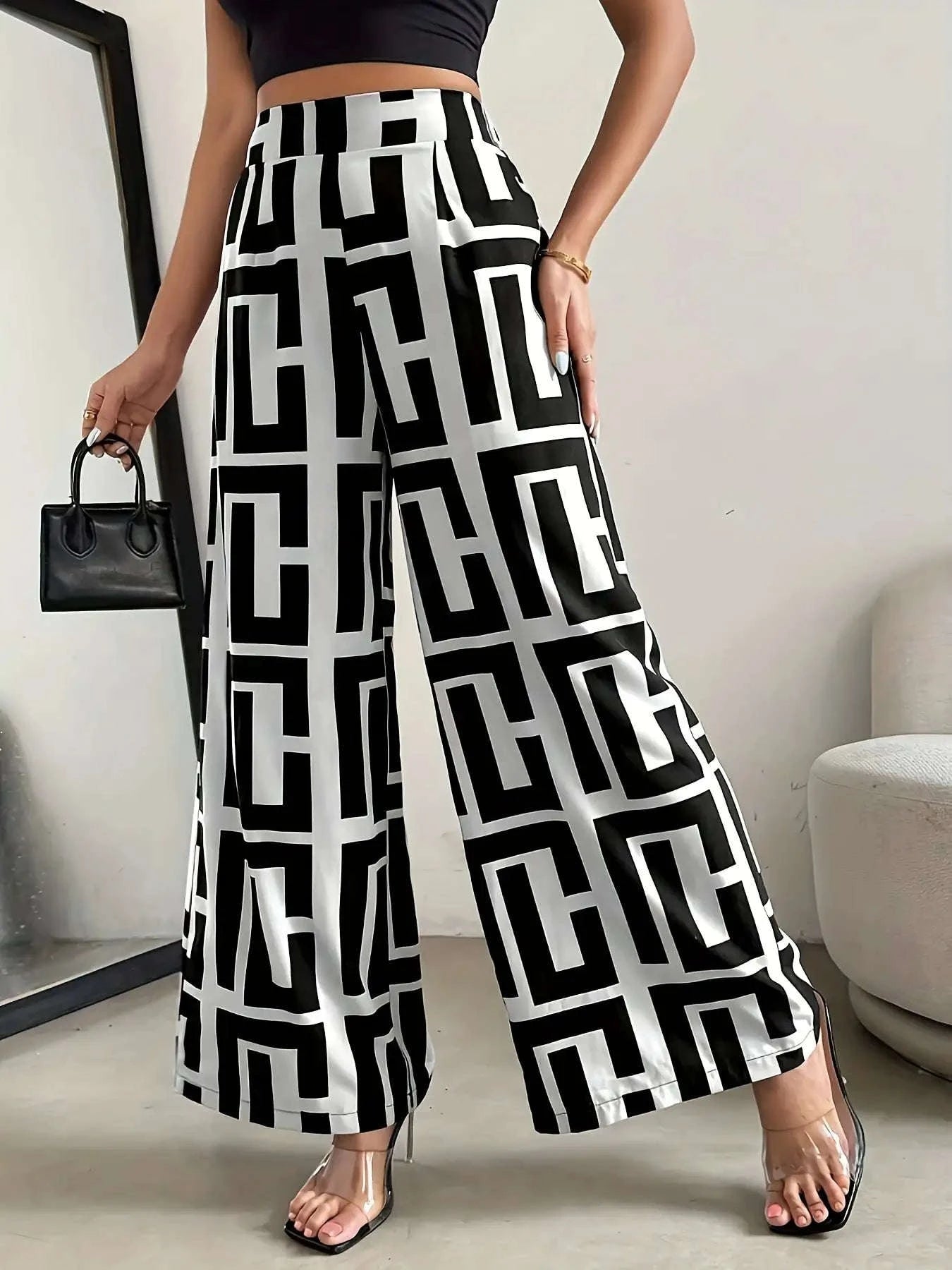 Bohemian Wide Leg Pants with Elastic Waist and Checkered Print-Black / XS