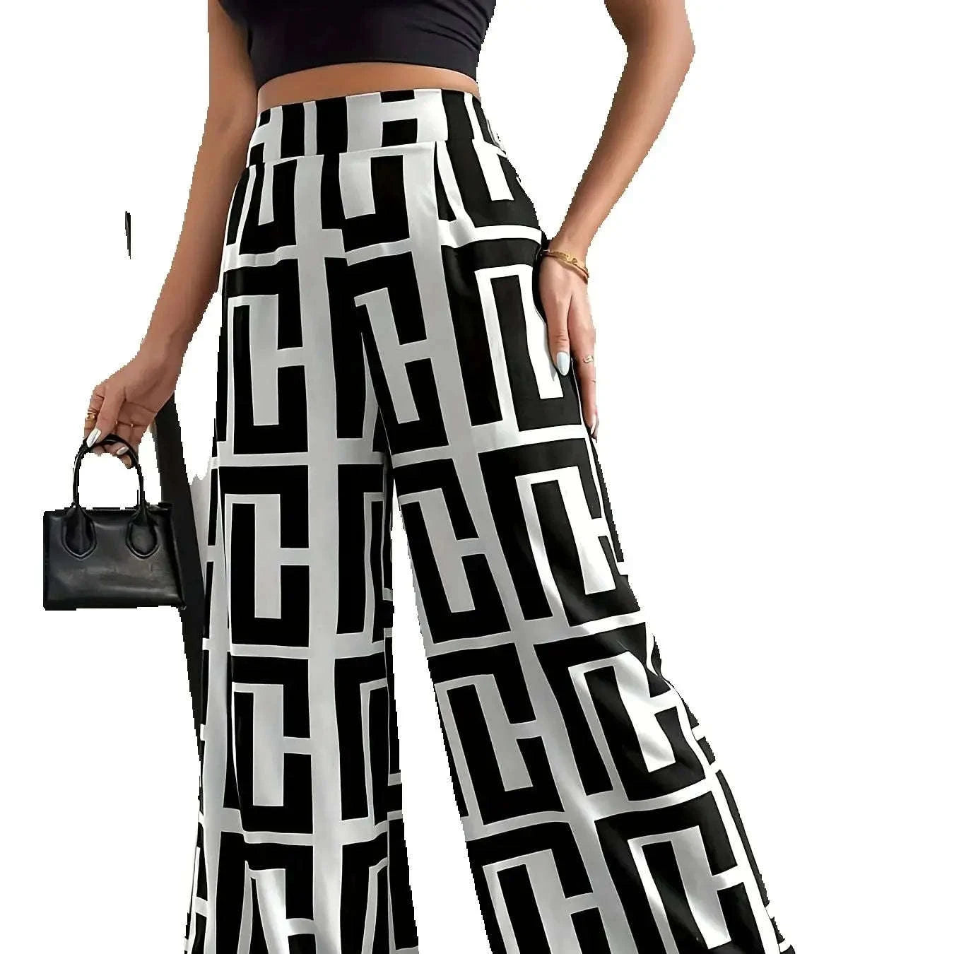 Bohemian Wide Leg Pants with Elastic Waist and Checkered Print-Black / XS