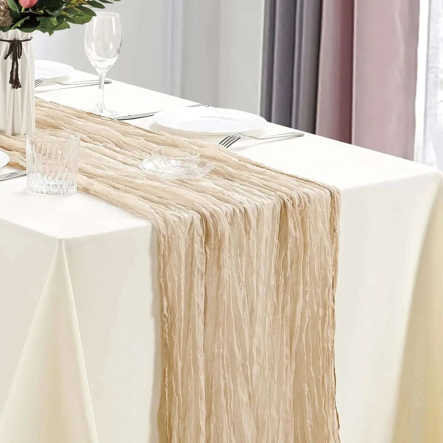 Boho Cheesecloth Table Runner – Semi‑Sheer Gauze Décor for Events-90x300cm / Beige