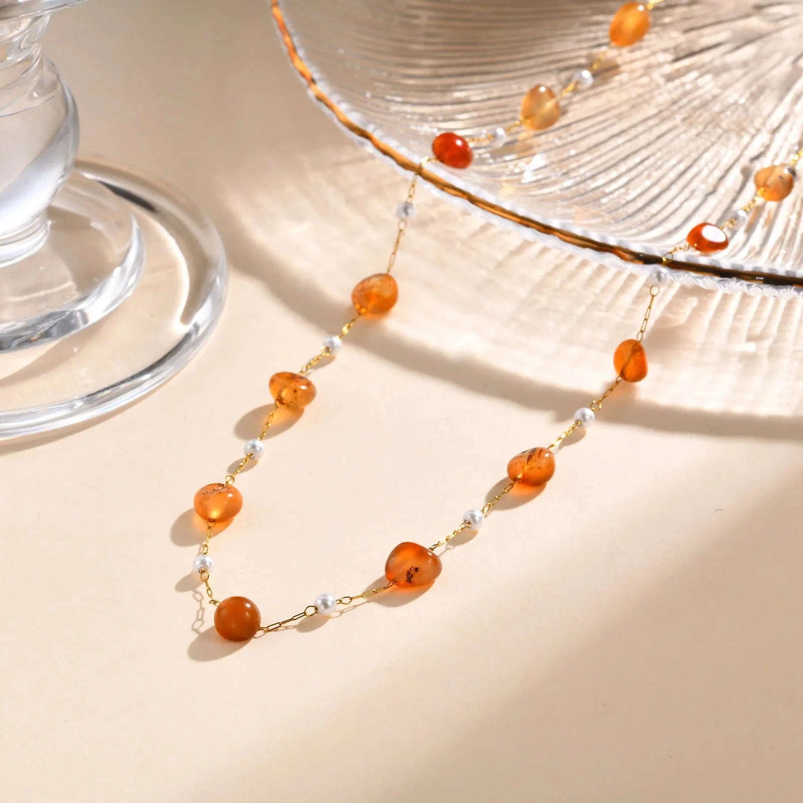 Boho Natural Stone Pearl Necklace for Women – Gold Chain Beach Style-NC-1907G01 / 40-45cm