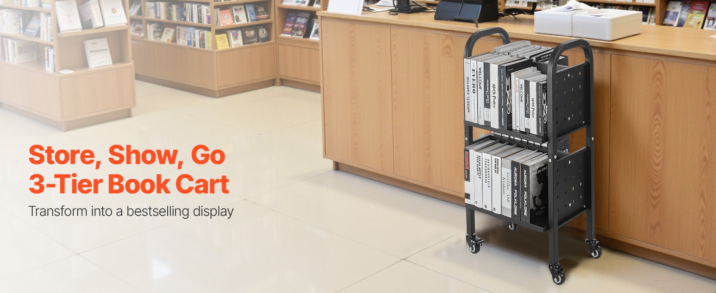 2-Tier Rolling Book Cart with Lockable Wheels, 150 lb Capacity