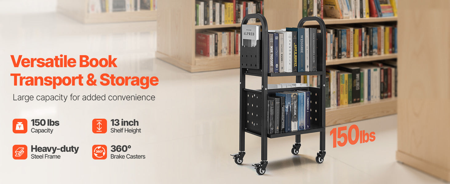 2-Tier Rolling Book Cart with Lockable Wheels, 150 lb Capacity