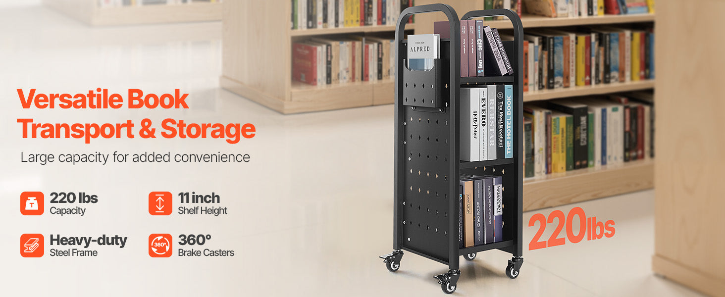 3-Tier Rolling Book Cart with Lockable Wheels, 220 lb Capacity