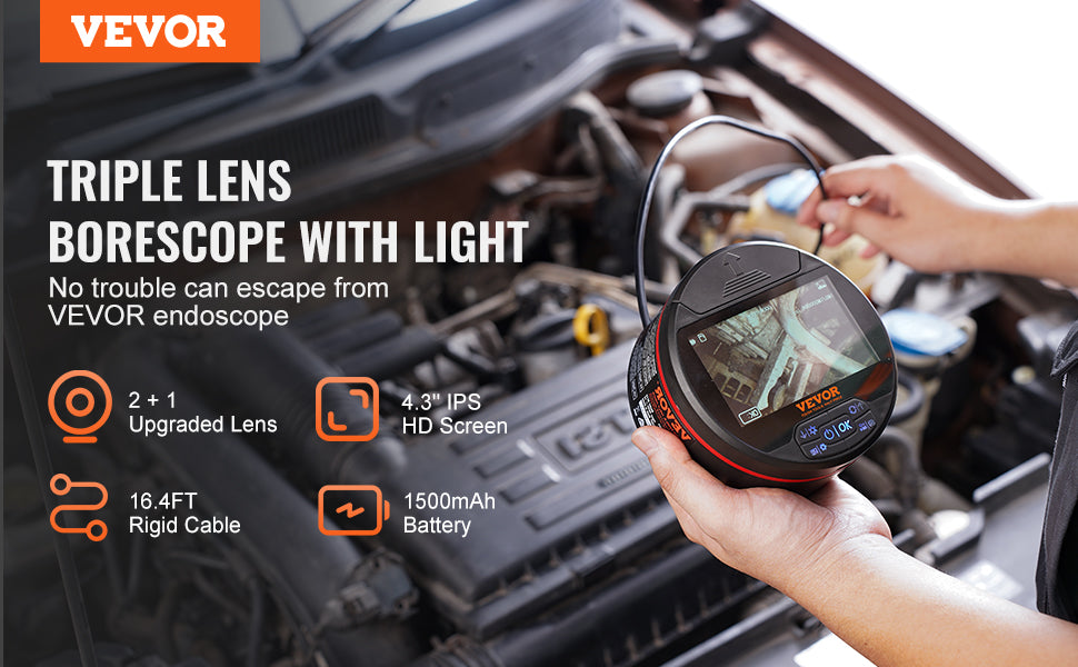 Triple Lens Borescope Camera with 4.3" IPS Screen