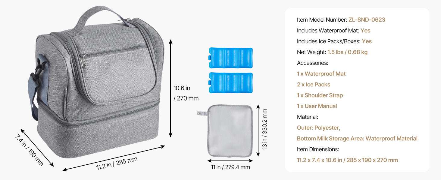 Breast Pump Bag with Ice Pack Storage for Travel and Daily Use-Grey / United States