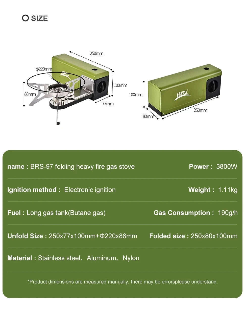 BRS-97 3800W Folding Butane Camping Gas Stove with Ignition-Green