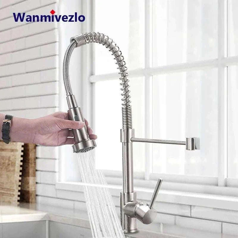 Brushed Nickel Pull Down Kitchen Faucet with Spring Design-Golden / China Mainland