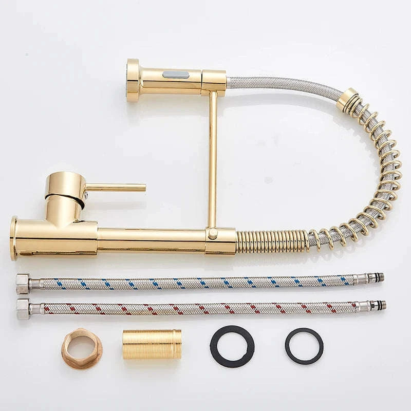 Brushed Nickel Pull Down Kitchen Faucet with Spring Design-Golden / United States