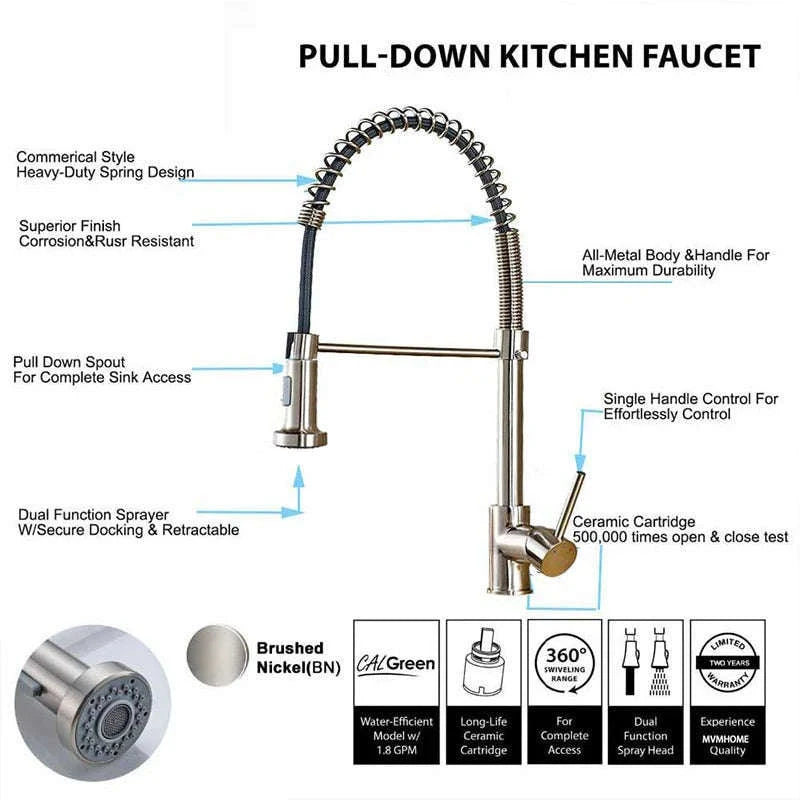 Brushed Nickel Pull Down Kitchen Faucet with Spring Design-Golden / United States