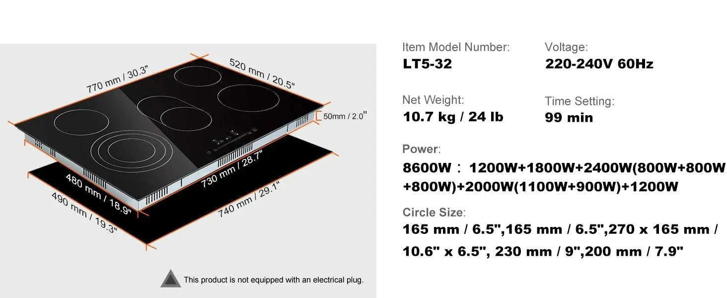 Built-In Electric Cooktop with 2–5 Burners Ceramic Glass Stove-12inch 1800W / United States