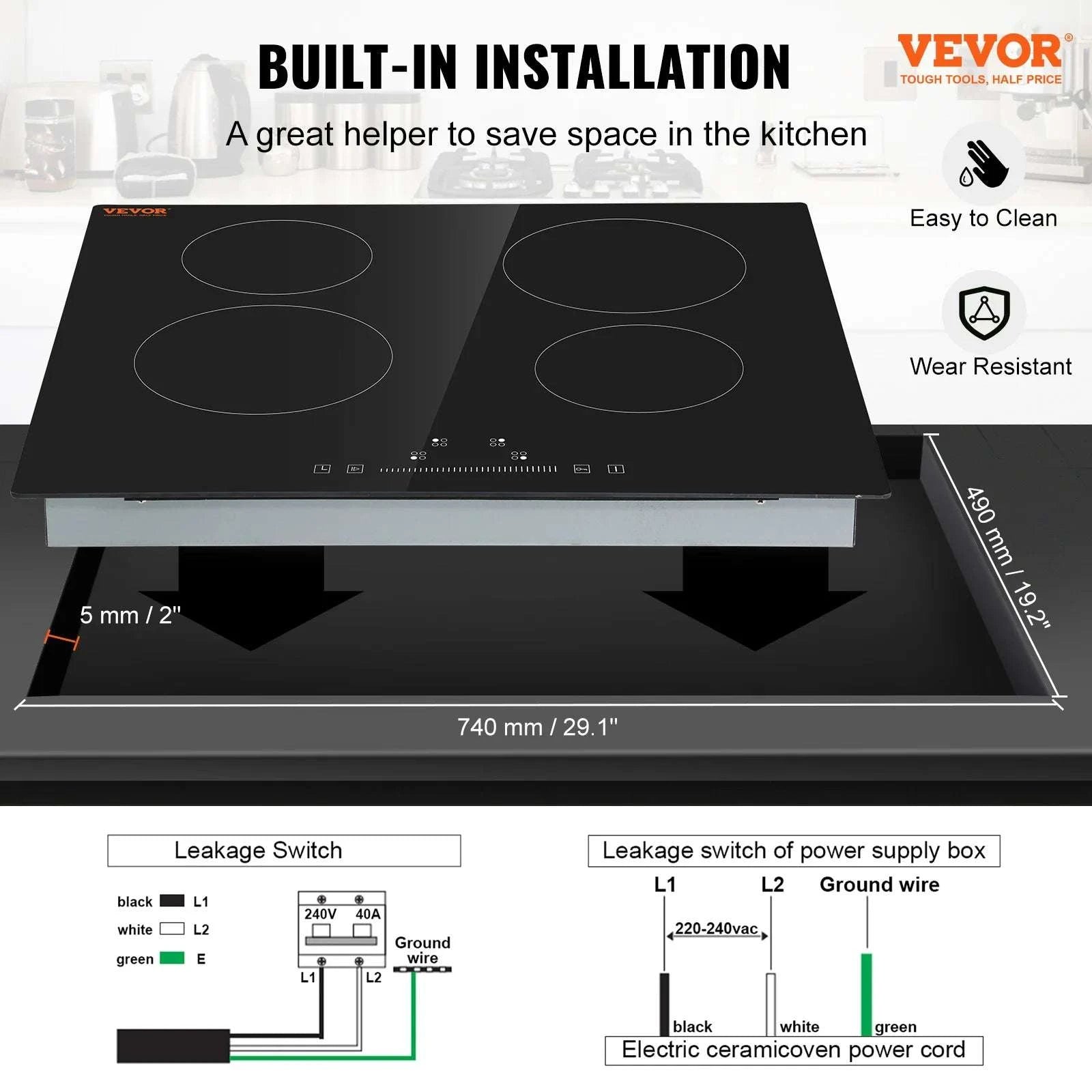 Built-In Electric Cooktop with 2–5 Burners Ceramic Glass Stove-12inch 1800W / United States