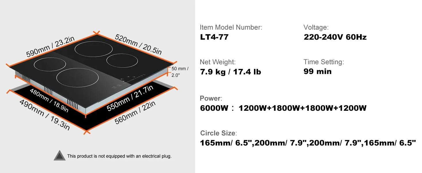 Built-In Electric Cooktop with 2–5 Burners Ceramic Glass Stove-12inch 1800W / United States