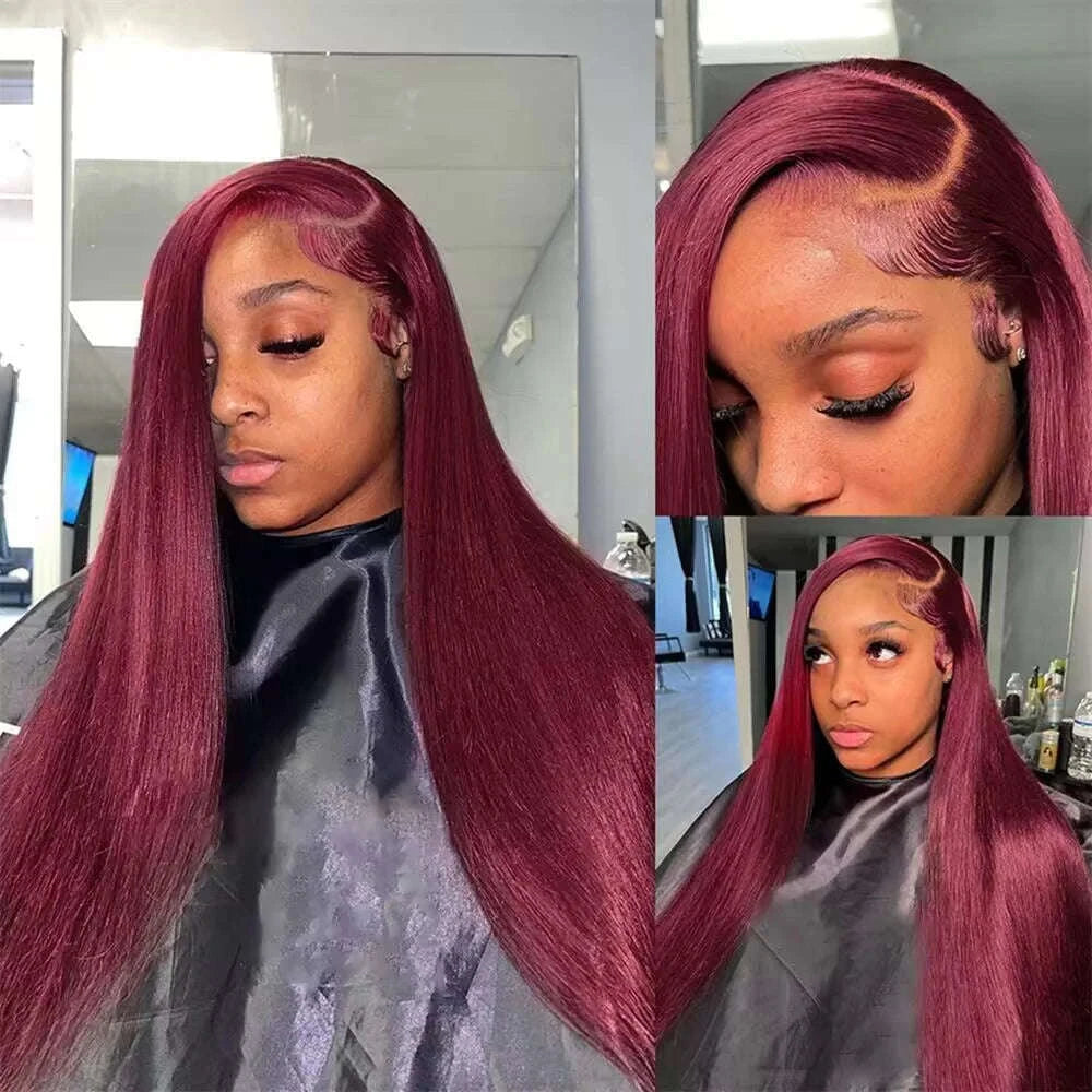 Burgundy HD Lace Front Human Hair Wig – Straight 99J Color-13x4 Lace wig / 36inches / 180%|3 working days|france