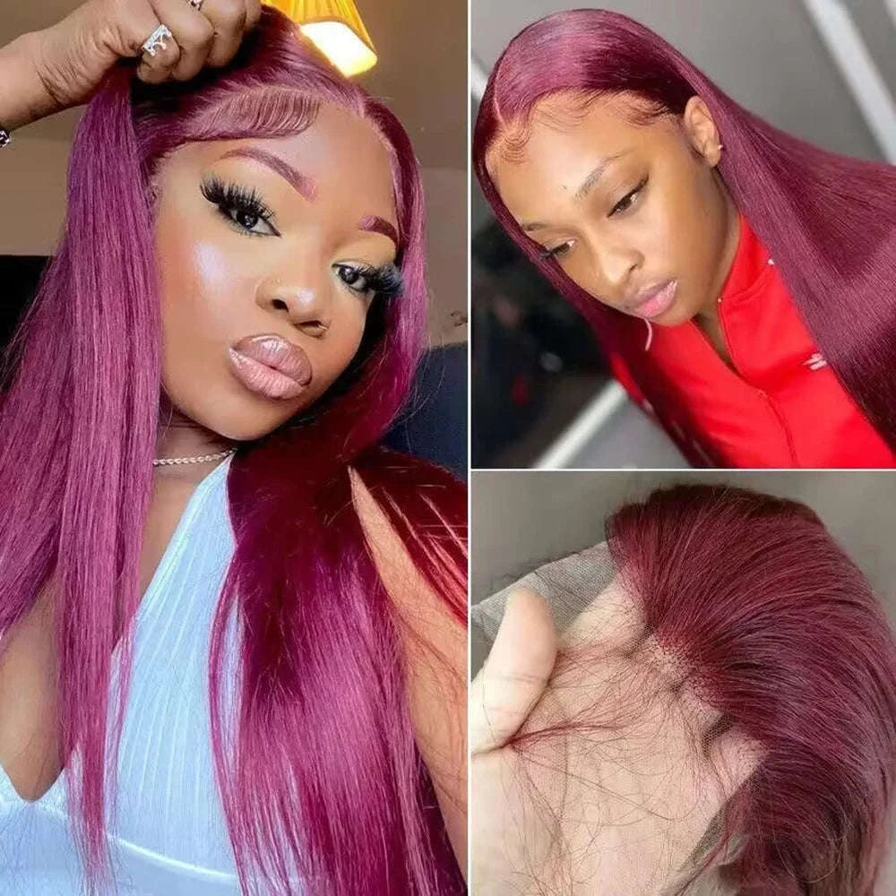 Burgundy HD Lace Front Human Hair Wig – Straight 99J Color-13x4 Lace wig / 36inches / 180%|3 working days|france