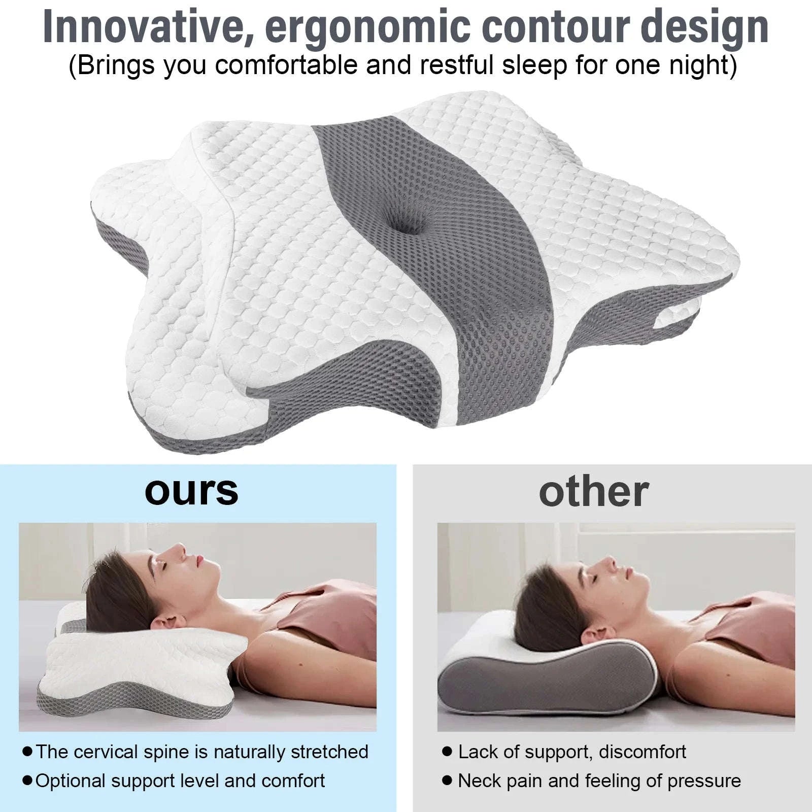Butterfly Memory Foam Neck Pillow for Side & Back Sleepers-Light Grey / 64*38*14cm / france