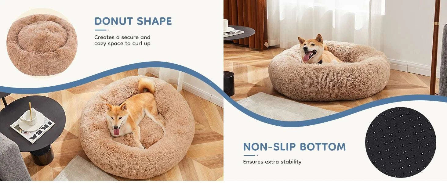 Calming Plush Dog Bed with Non-Slip Base – Washable Round Pet Bed-GRAY / S / United States