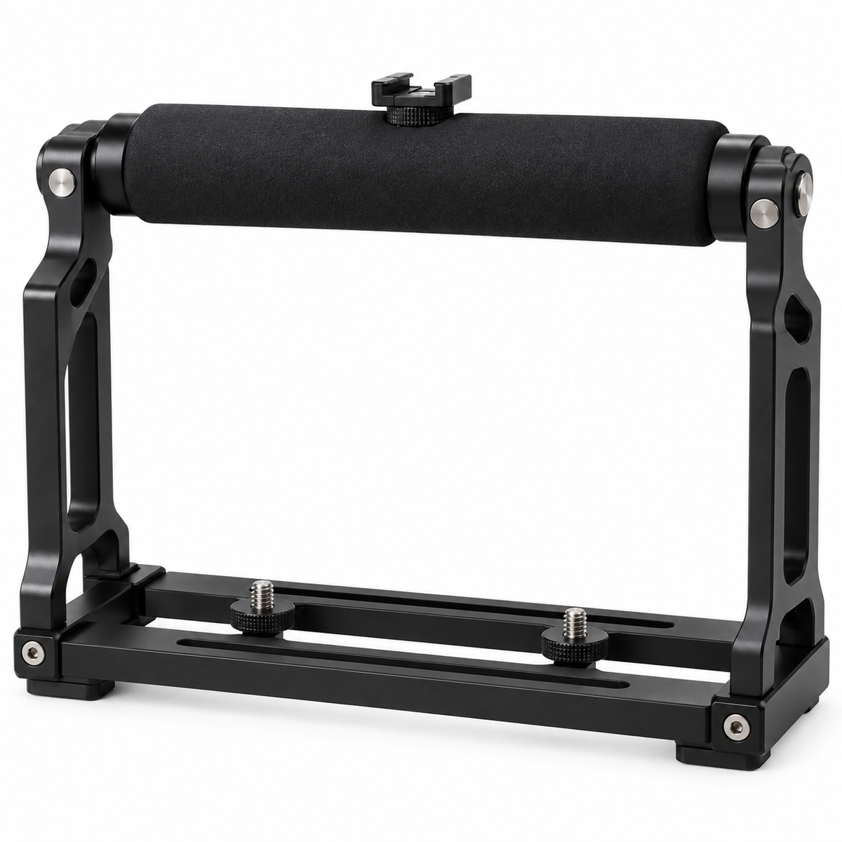 Black U-shaped handheld camera stabilizer rig on white background