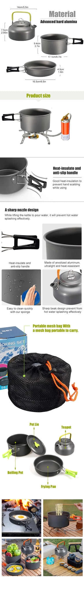 Camping Cookware Kit for 2-3 People with Pot, Pan and Teapot-Black