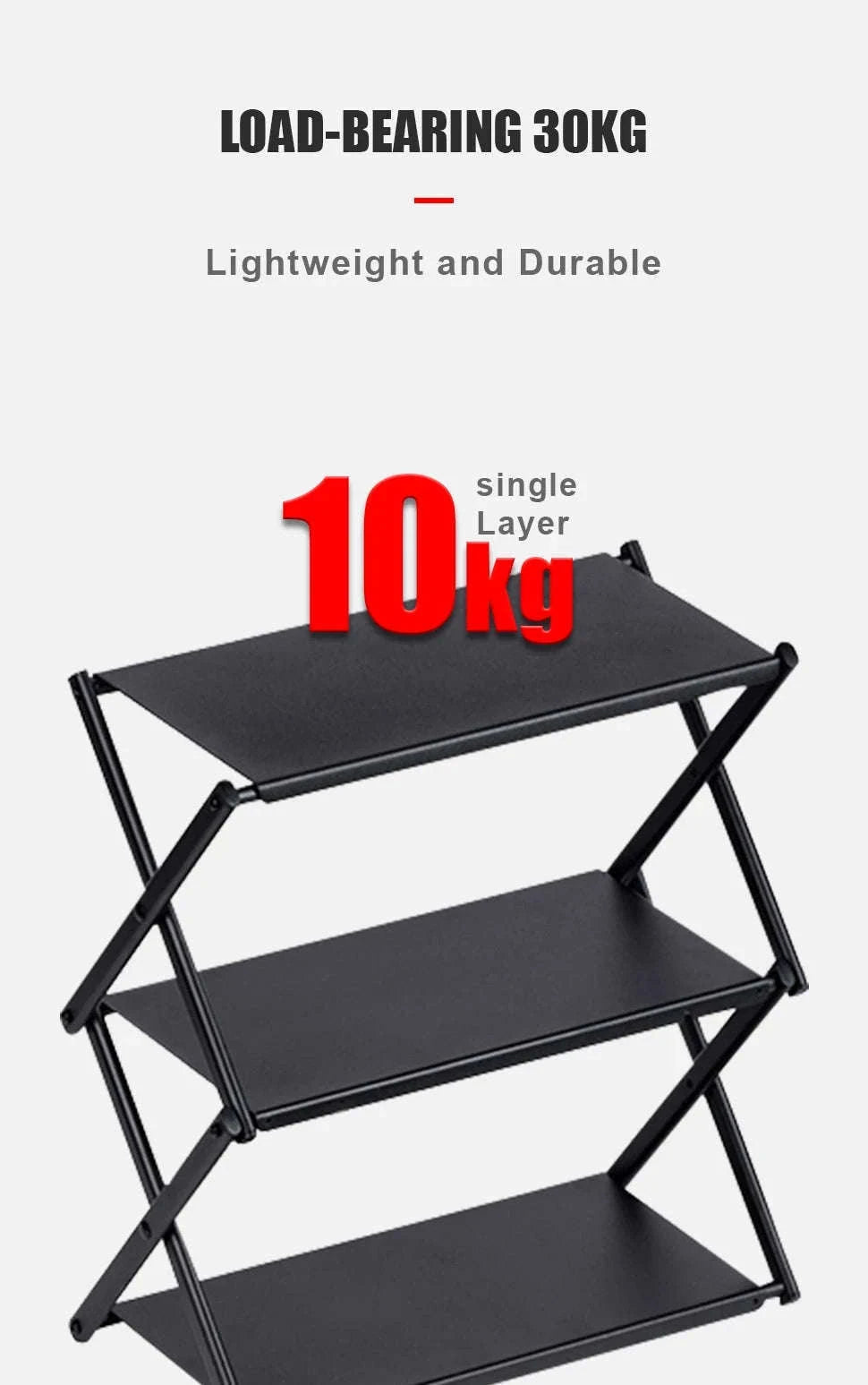 Camping Foldable Three-Tier Storage Shelf Rack for Outdoor Use-Black