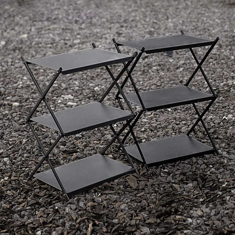 Camping Foldable Three-Tier Storage Shelf Rack for Outdoor Use-Black
