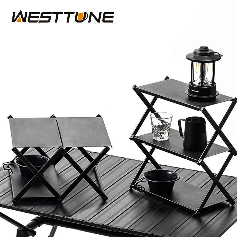 Camping Foldable Three-Tier Storage Shelf Rack for Outdoor Use-Black