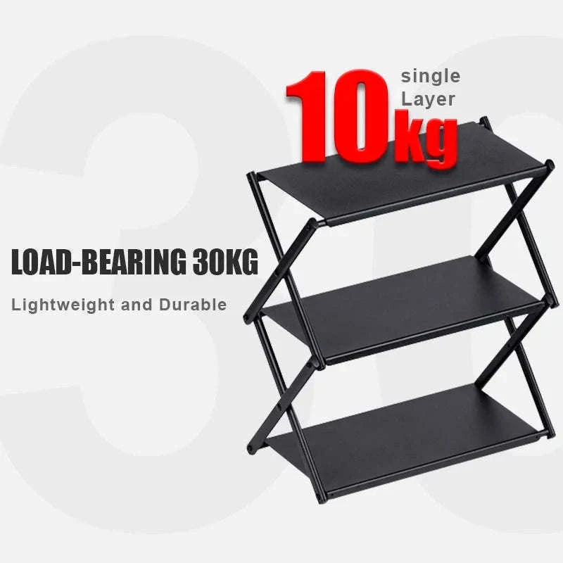 Camping Foldable Three-Tier Storage Shelf Rack for Outdoor Use-Black