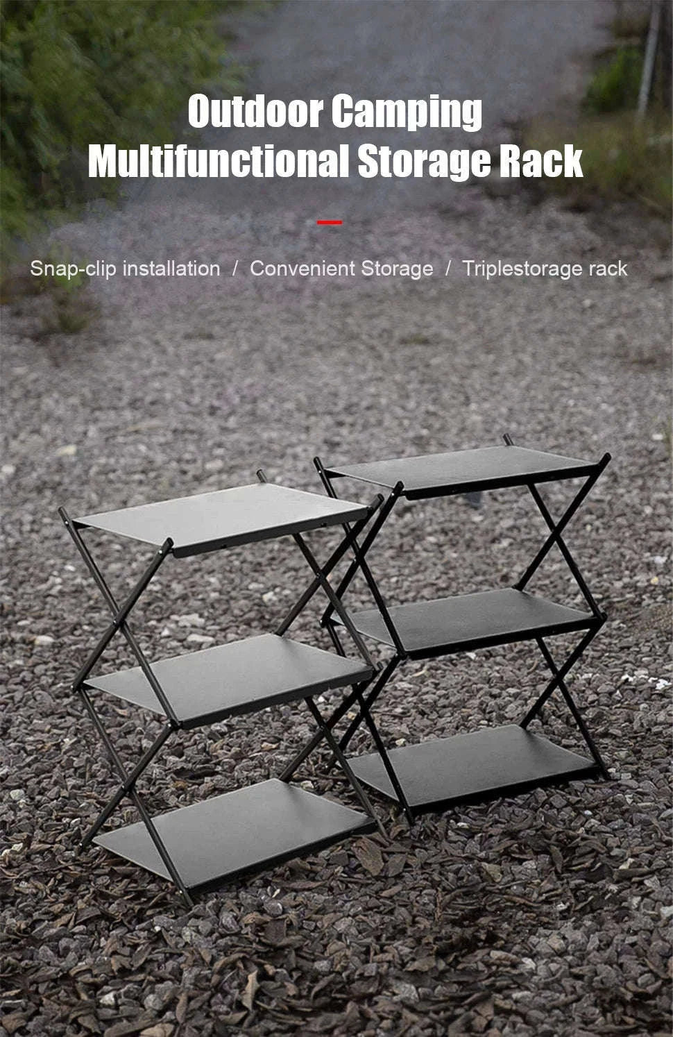 Camping Foldable Three-Tier Storage Shelf Rack for Outdoor Use-Black