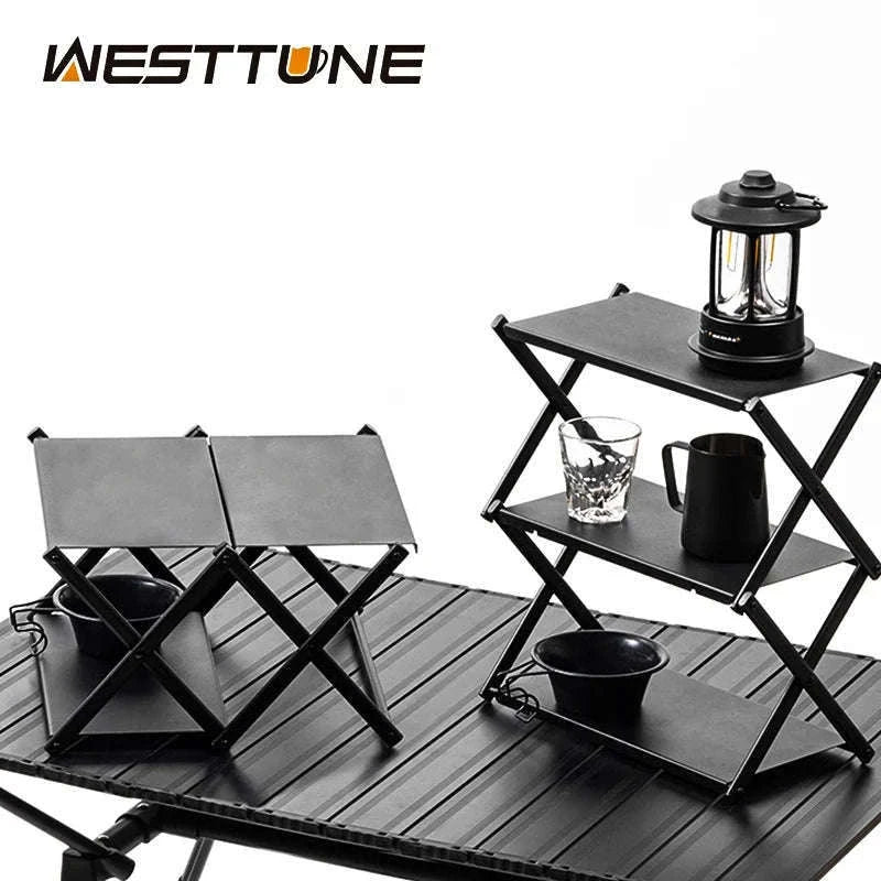 Camping Foldable Three-Tier Storage Shelf Rack for Outdoor Use-Black