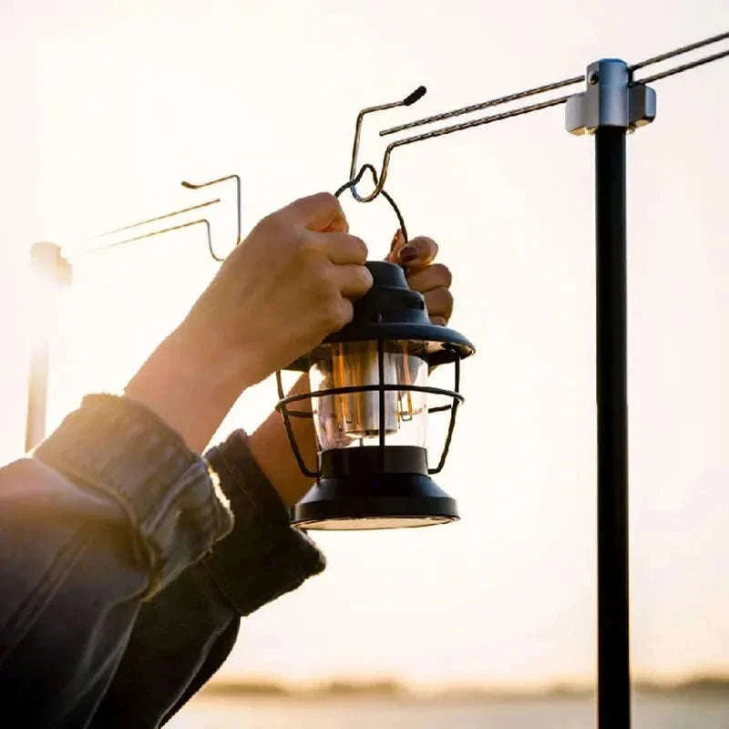 Camping Lantern Stand with Double Hooks, Foldable Aluminum Pole-Black 4-Section