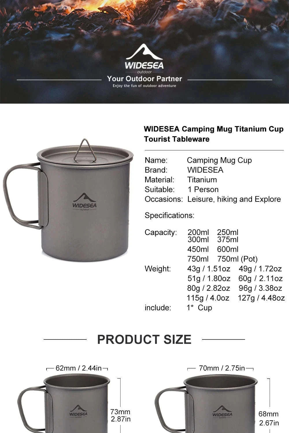 Camping Titanium Mug 0.6L-Titanium Cup 600ML / China Mainland