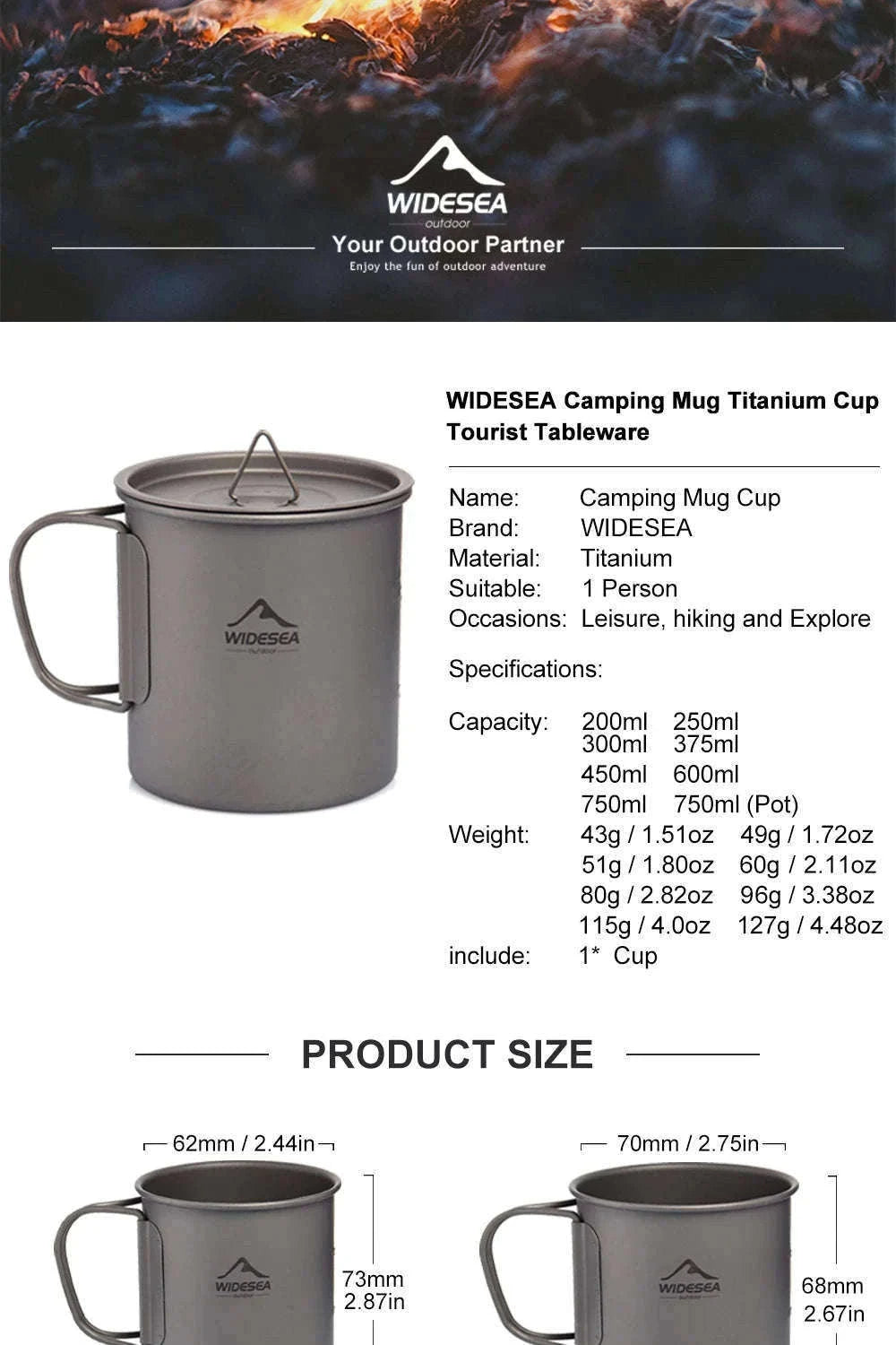 Camping Titanium Mug 0.6L-Titanium Cup 600ML / China Mainland