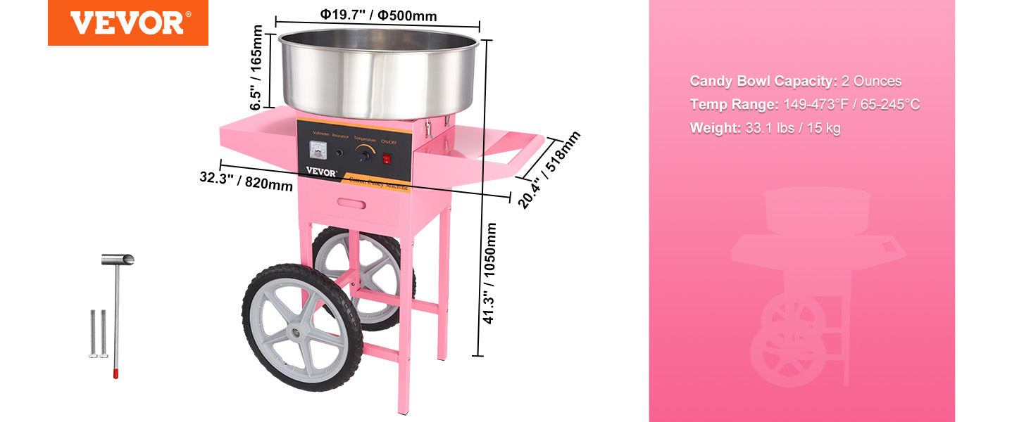 Commercial Cotton Candy Machine with Cart 1050W High Output Maker