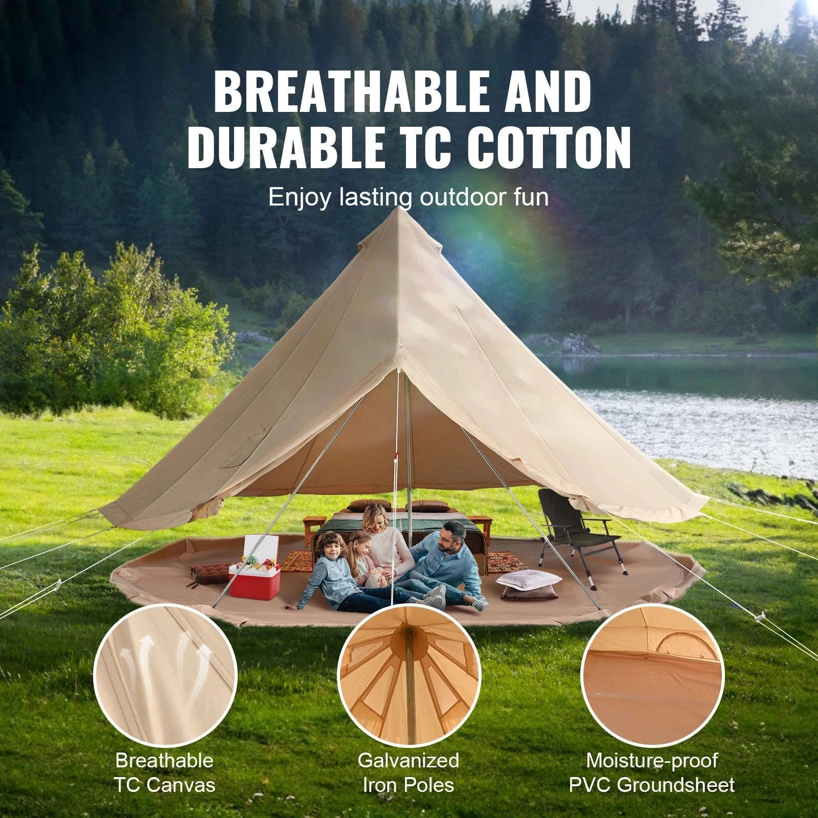 Canvas Bell Tent 4 m with Stove Jack, Breathable, 6-Person-4m / france