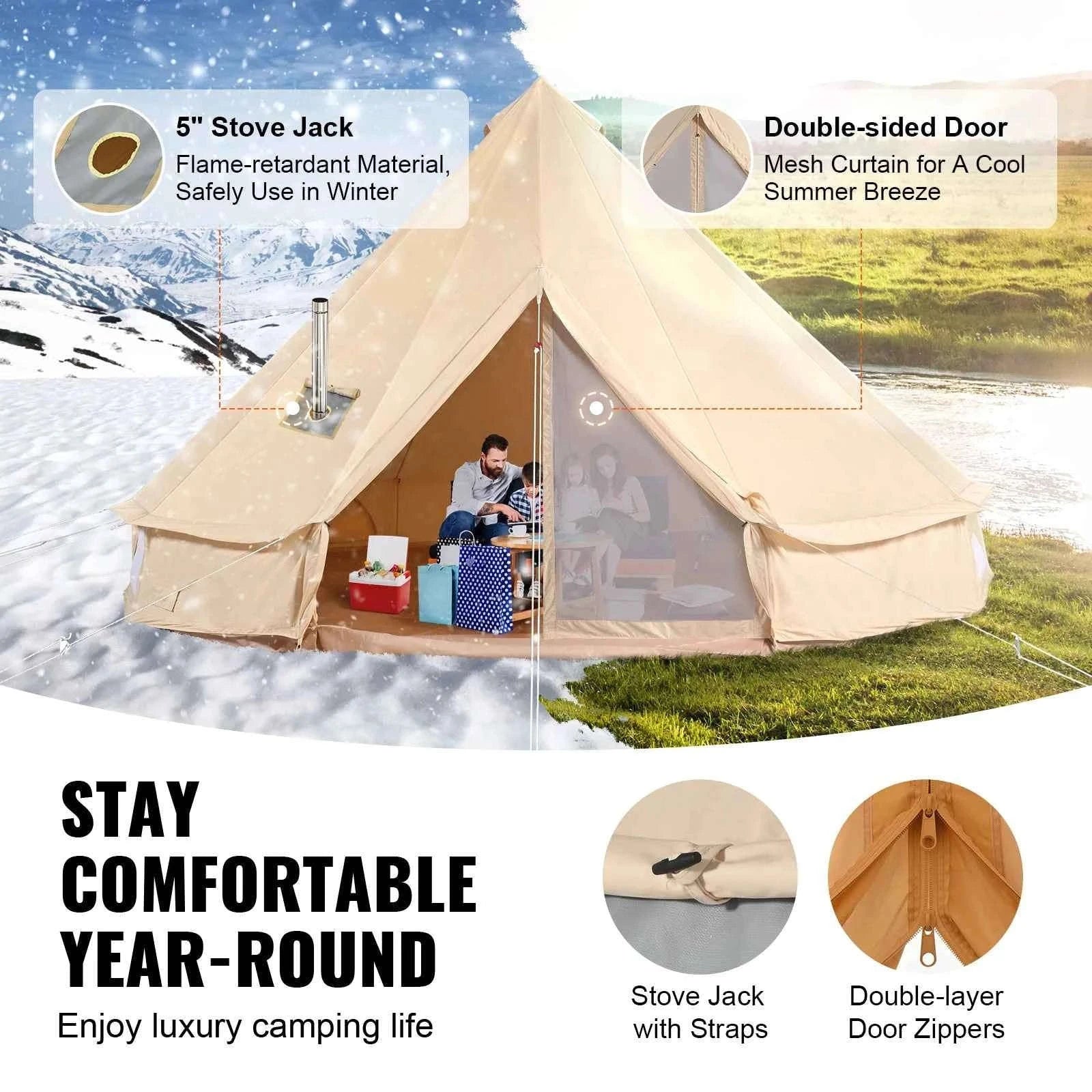 Canvas Bell Tent 4 m with Stove Jack, Breathable, 6-Person-4m / france