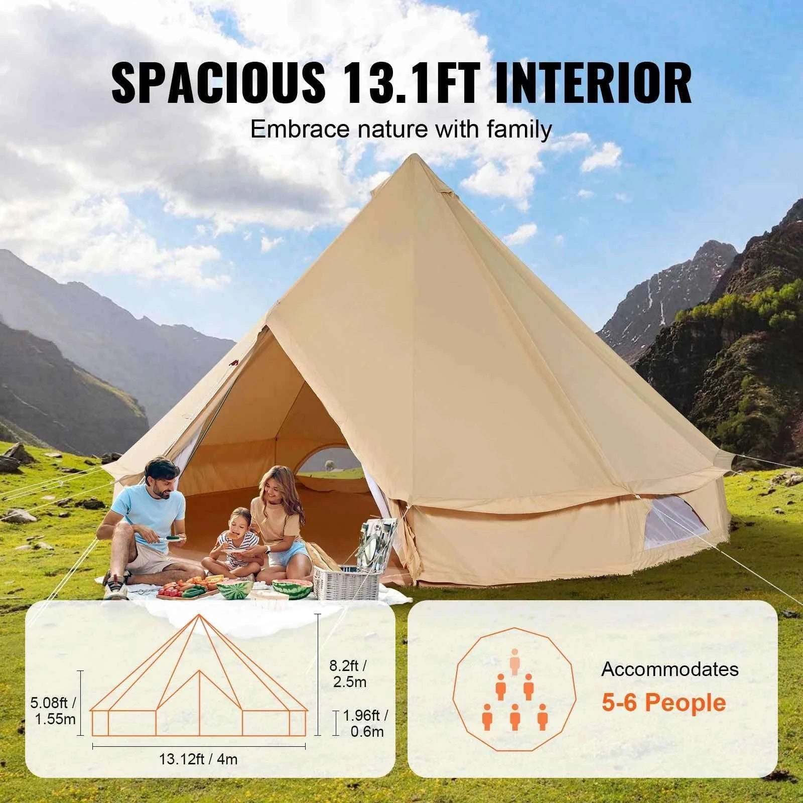 Canvas Bell Tent 4 m with Stove Jack, Breathable, 6-Person-4m / france