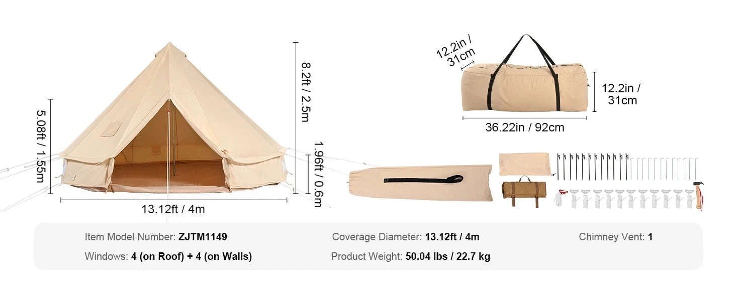 Canvas Bell Tent 4 m with Stove Jack, Breathable, 6-Person-4m / france