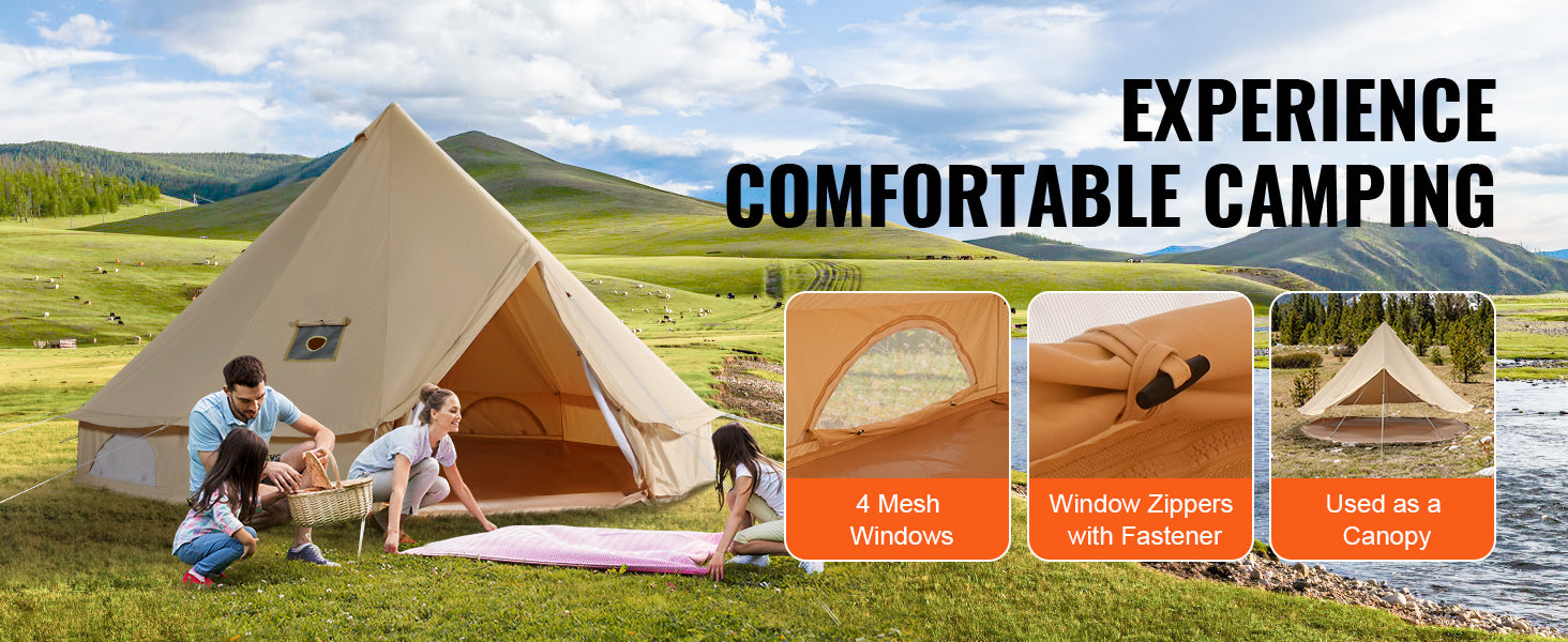 SucceBuy Canvas Bell Tent 4 Seasons 5m Yurt Tent Canvas Tent for Camping with Stove Breathable Tent Holds up to 8 People