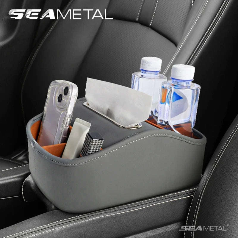 Car Armrest Box Universal Center Console Organizer PU Leather Storage Box Tissue Holder-Beige 1pc