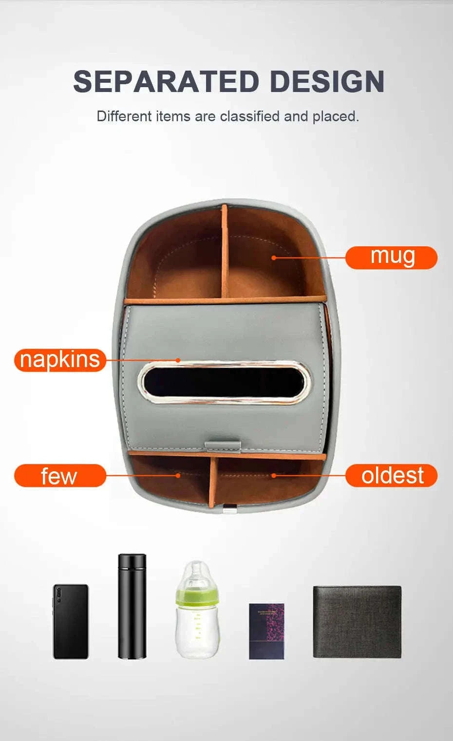 Car Armrest Box Universal Center Console Organizer PU Leather Storage Box Tissue Holder-Beige 1pc