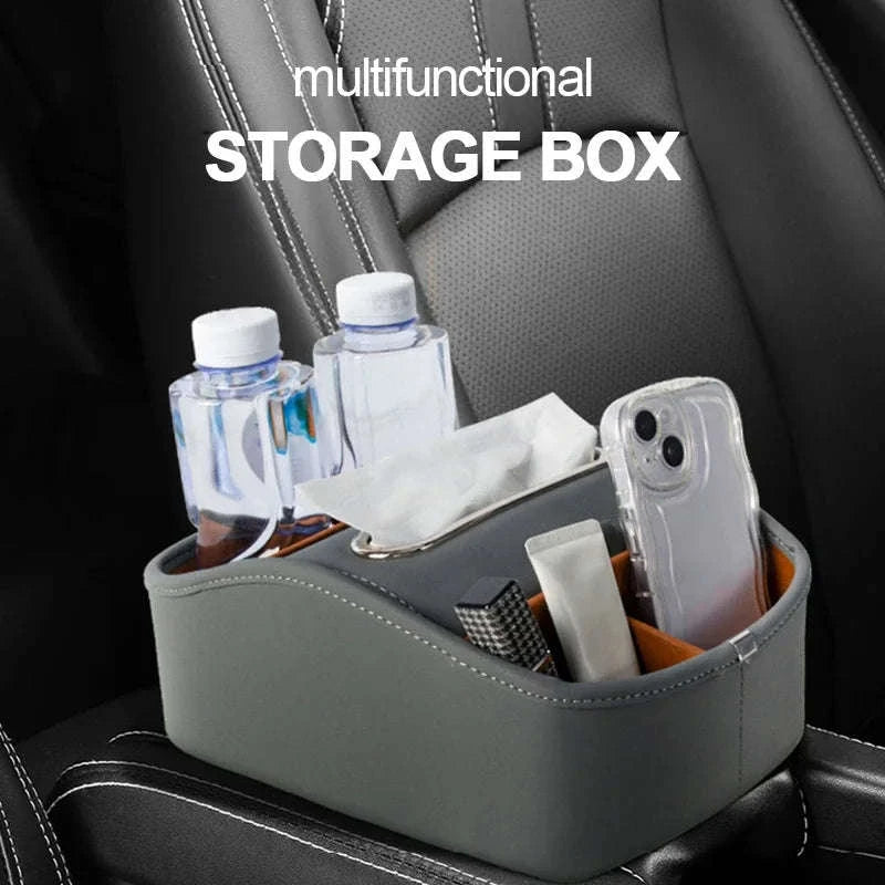Car Armrest Box Universal Center Console Organizer PU Leather Storage Box Tissue Holder-Beige 1pc