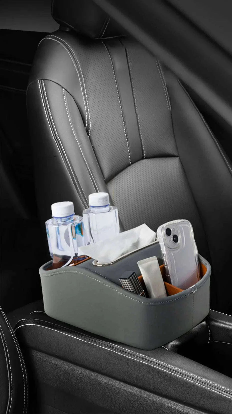 Car Armrest Box Universal Center Console Organizer PU Leather Storage Box Tissue Holder-Beige 1pc