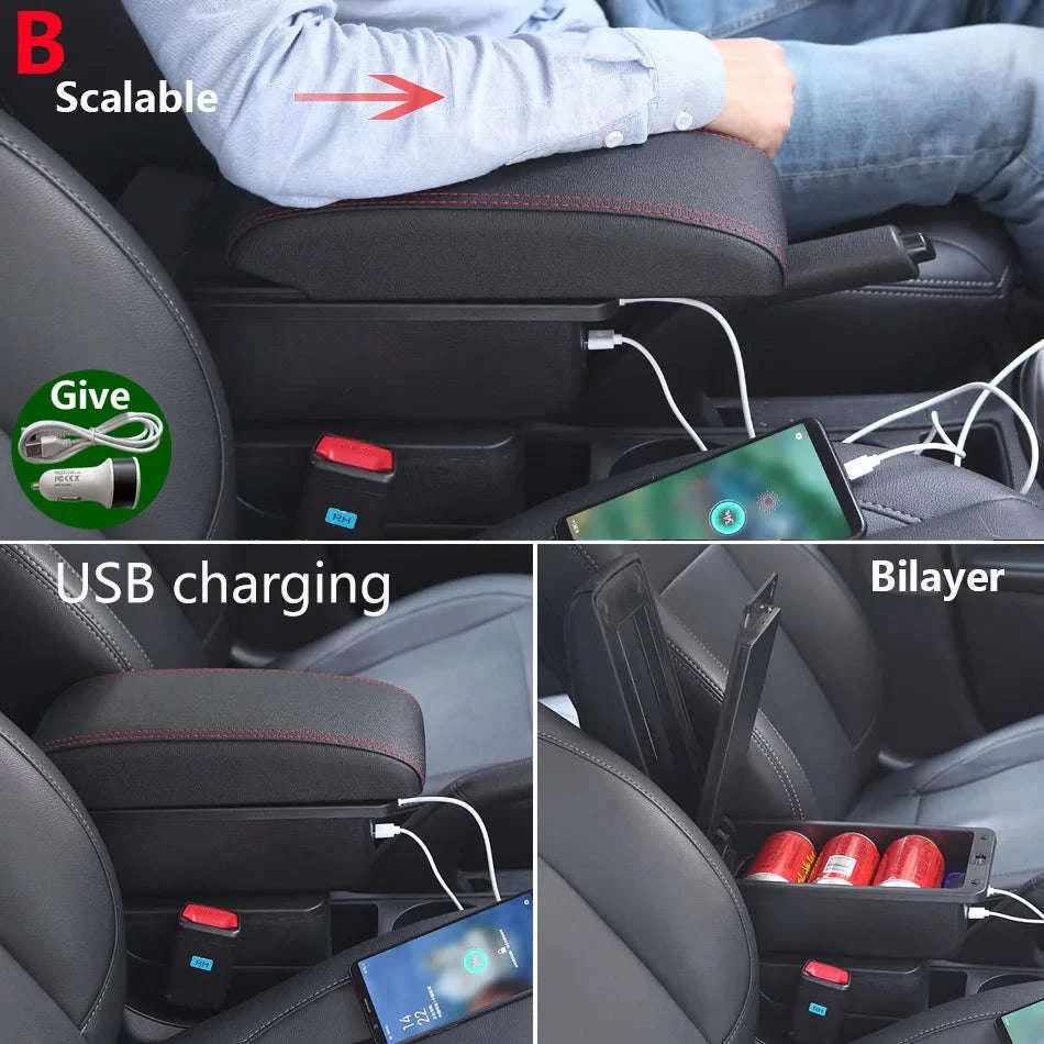 Car Armrest Box with Storage for 2011-2019-C1 Black red NO USB
